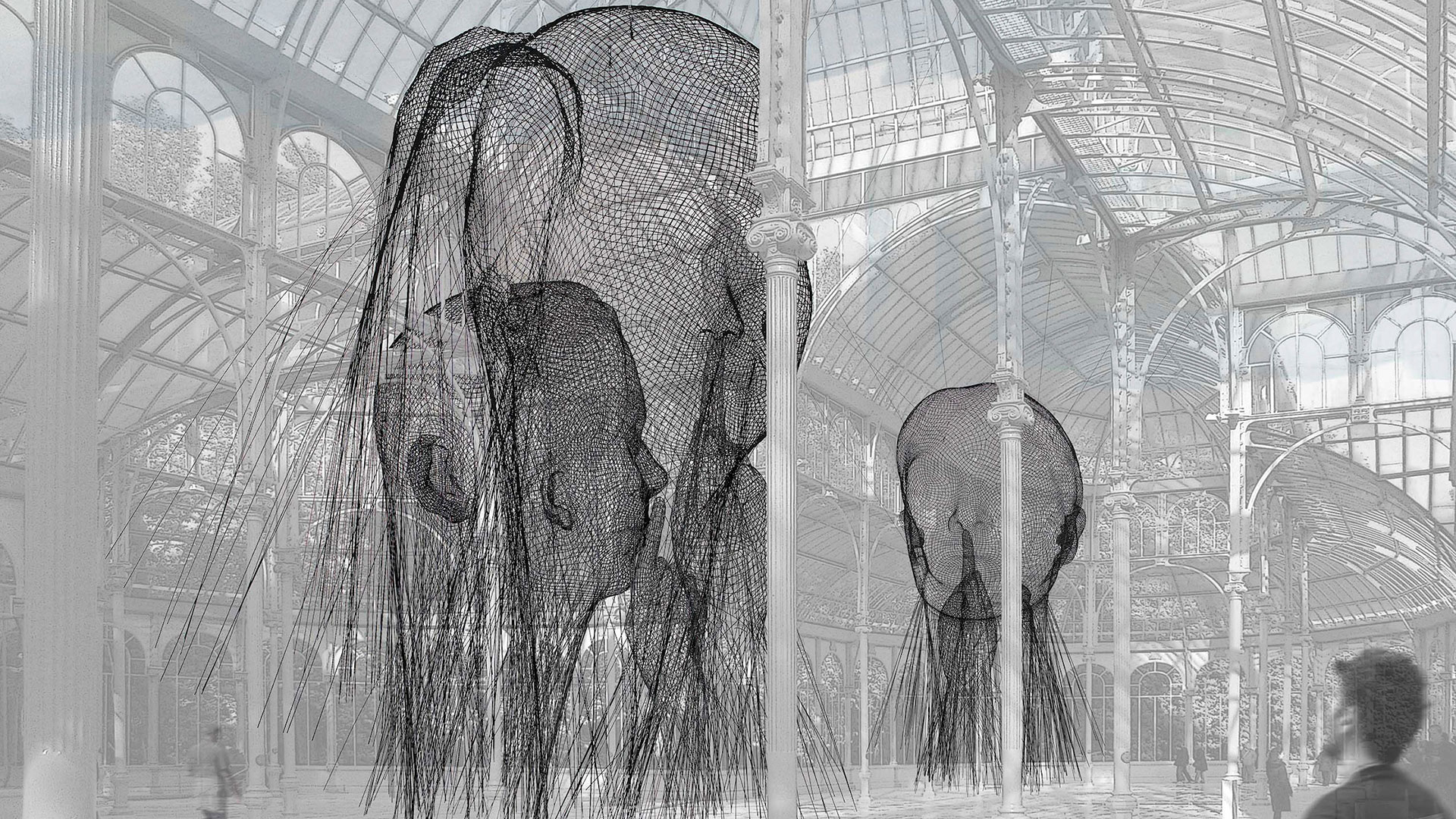 Imagen de la instalación de Jaume Plensa en el Palacio de Cristal de Madrid