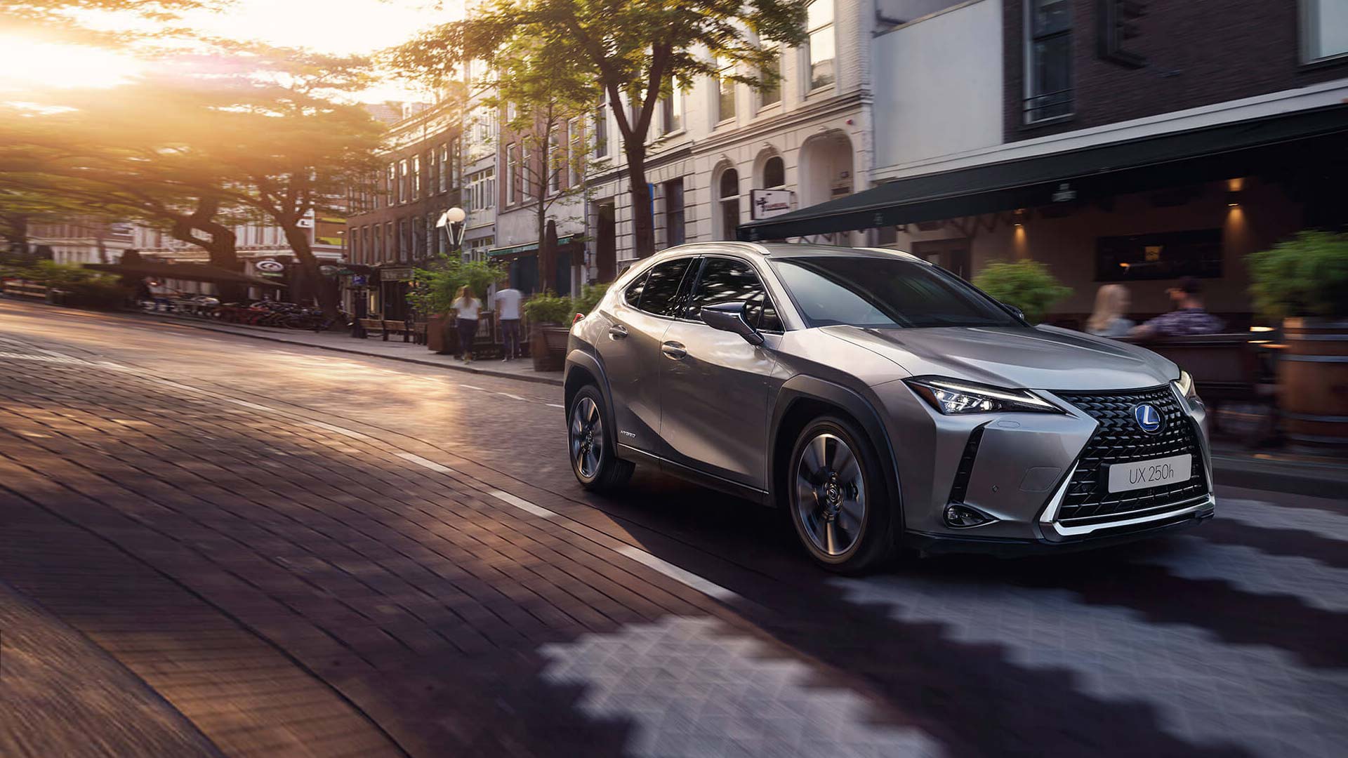 Een grijze rijdende Lexus UX 250h F sport