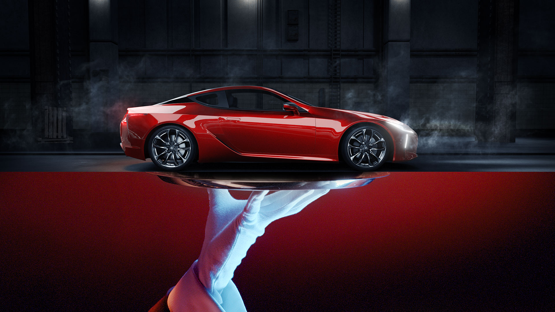 Zijkant van een rode Lexus LC 500h